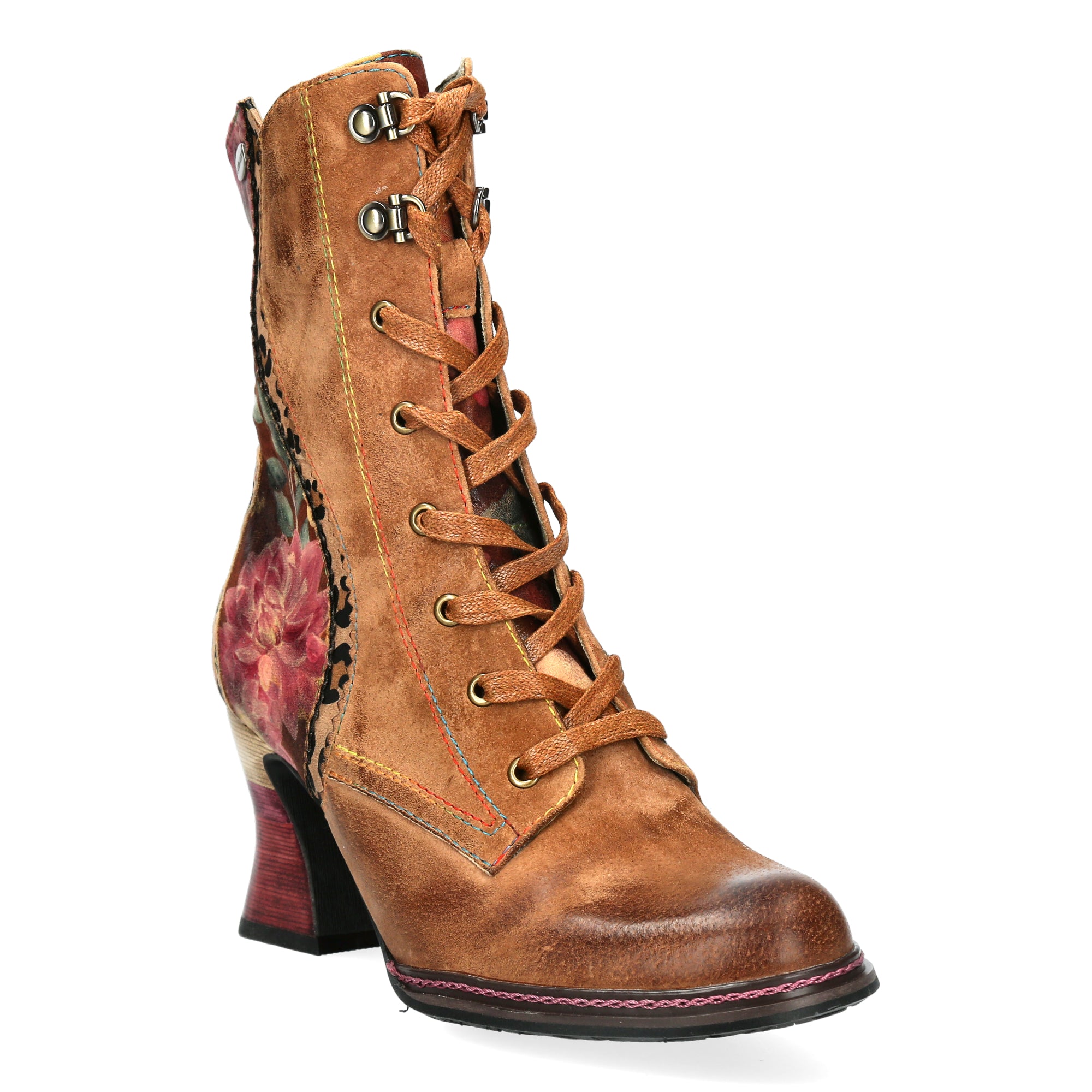 Laura Vita Eleao 42 Ladies Tan Multi Leather & Textile Zip & Lace Heeled Ankle Boots, front three-quarter view.