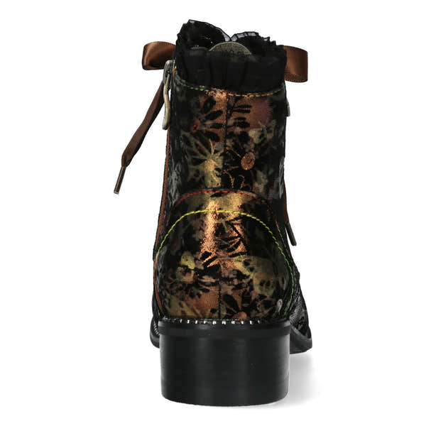 Laura Vita Emcmao 05 Ladies Gold & Brown Multi Leather Zip & Lace Heeled Ankle Boots, rear view.
