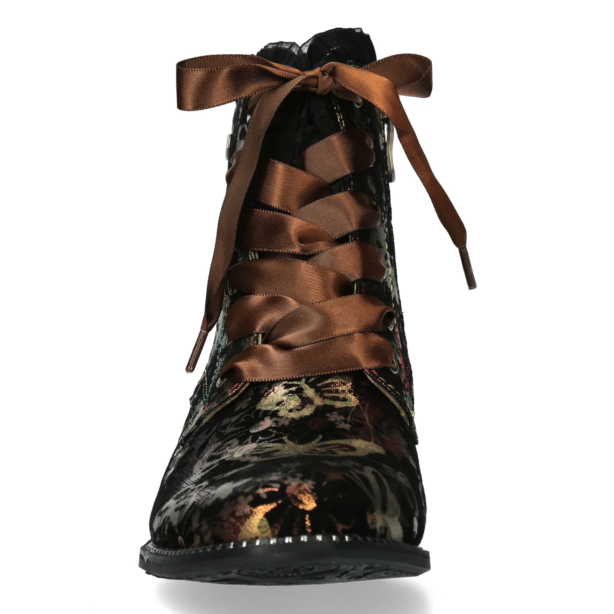 Laura Vita Emcmao 05 Ladies Gold & Brown Multi Leather Zip & Lace Heeled Ankle Boots, front view.