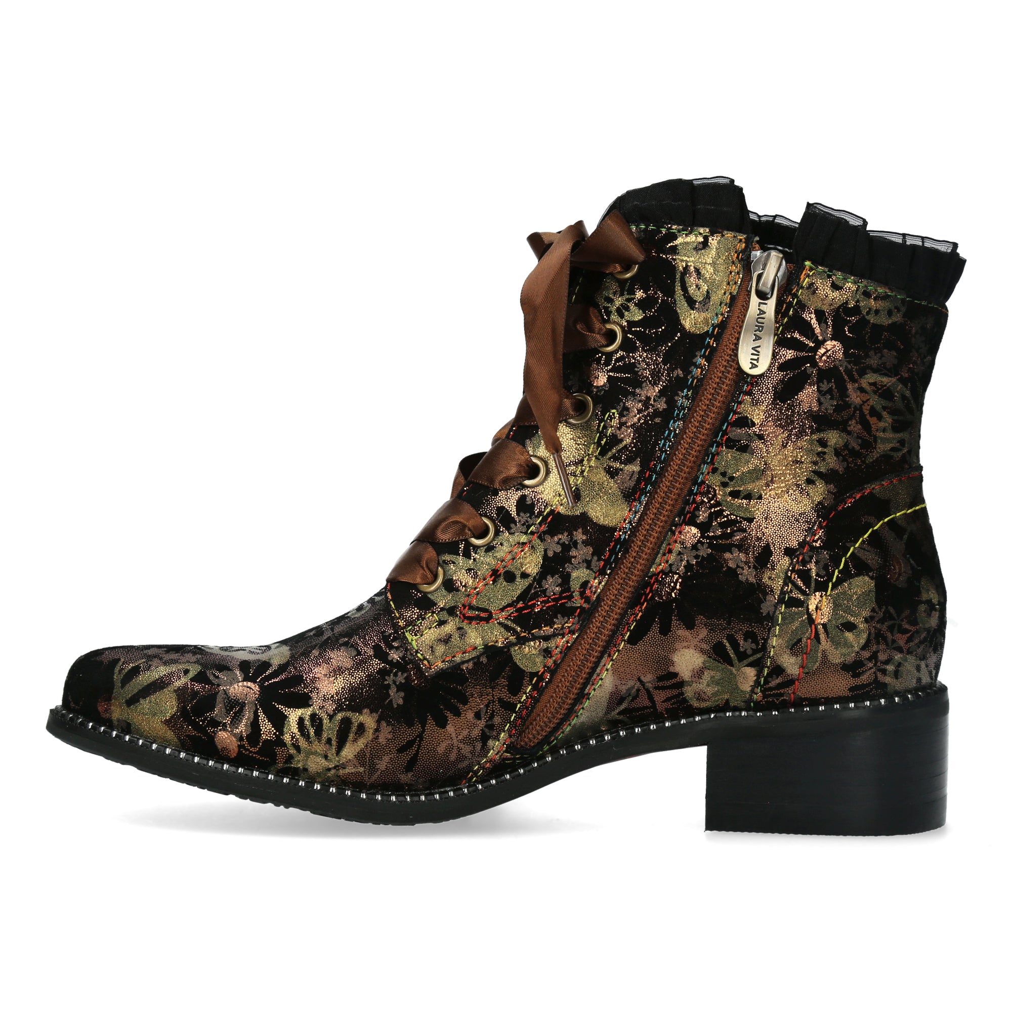 Laura Vita Emcmao 05 Ladies Gold & Brown Multi Leather Zip & Lace Heeled Ankle Boots, inner-side view.