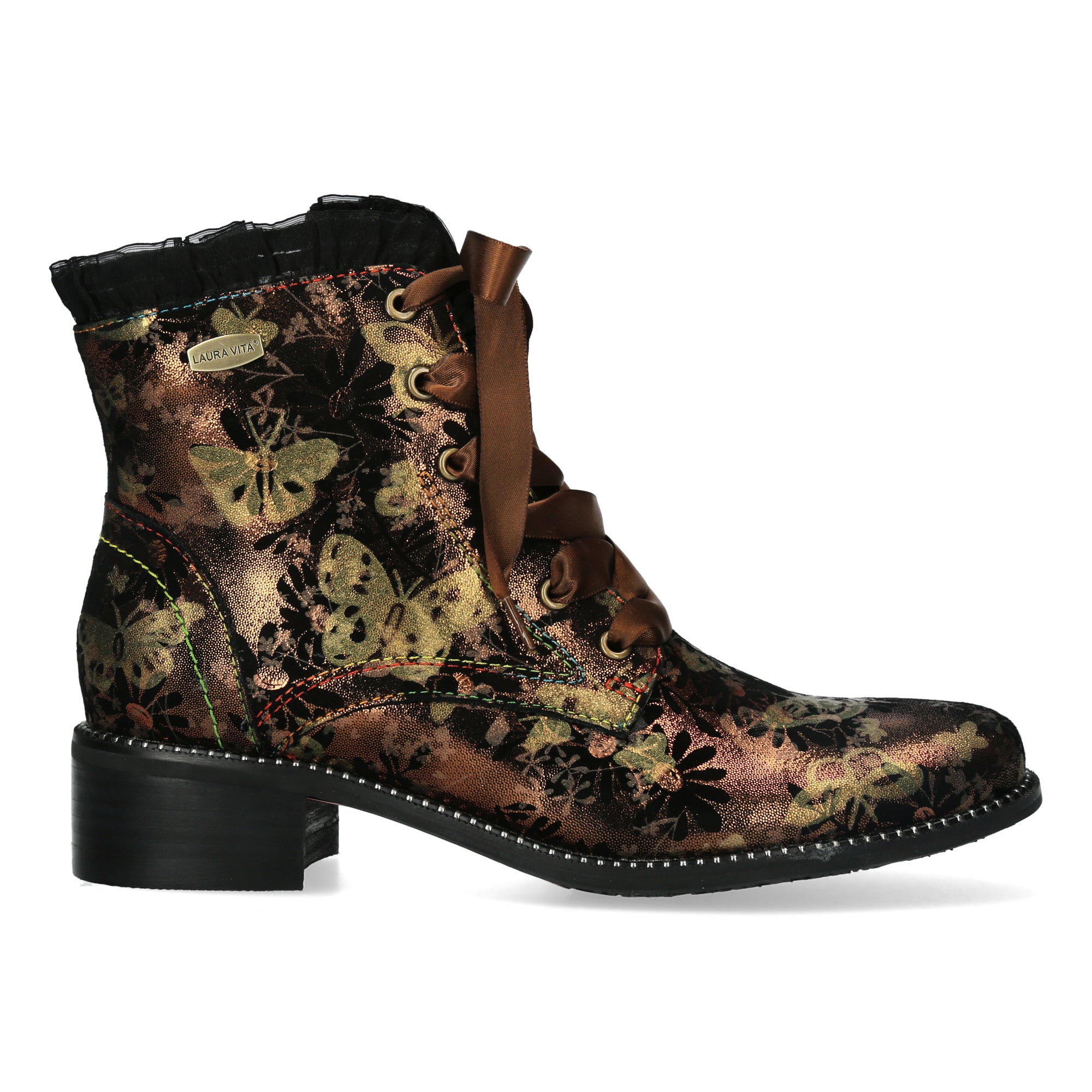 Laura Vita Emcmao 05 Ladies Gold & Brown Multi Leather Zip & Lace Heeled Ankle Boots, side profile view.