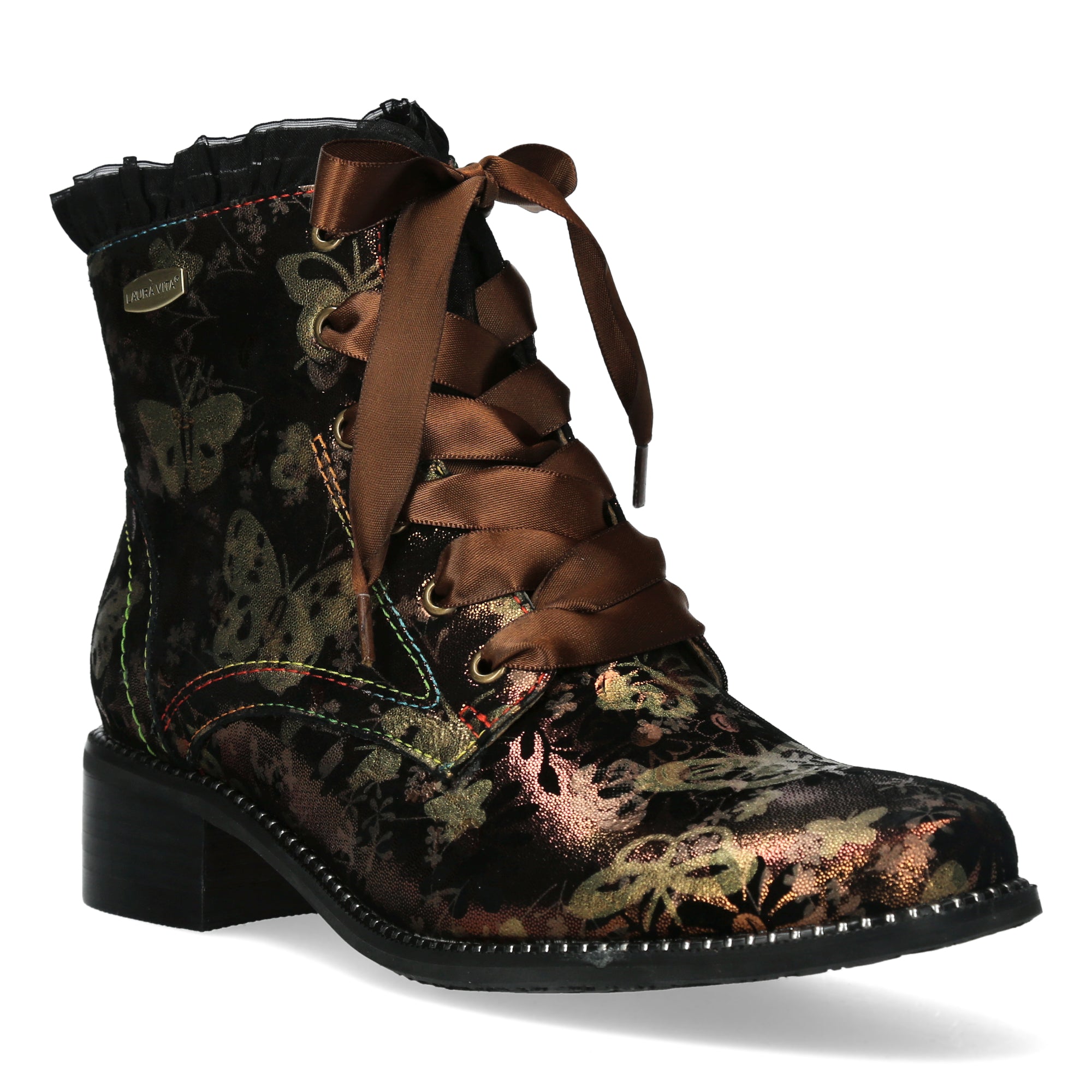 Laura Vita Emcmao 05 Ladies Gold & Brown Multi Leather Zip & Lace Heeled Ankle Boots, front three-quarter view.