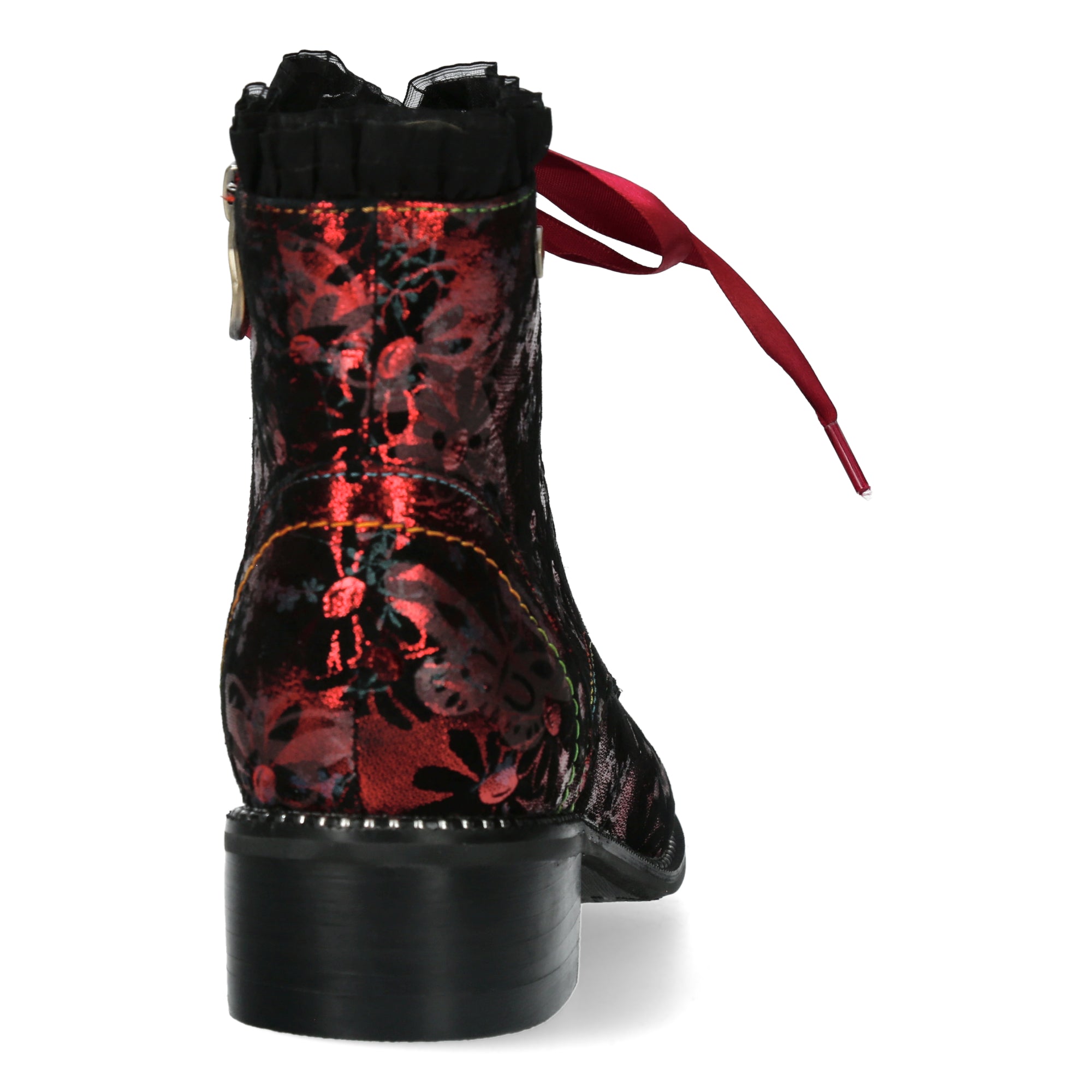 Laura Vita Emcmao 05 Ladies Raspberry Red Multi Leather Zip & Lace Heeled Ankle Boots, rear view.