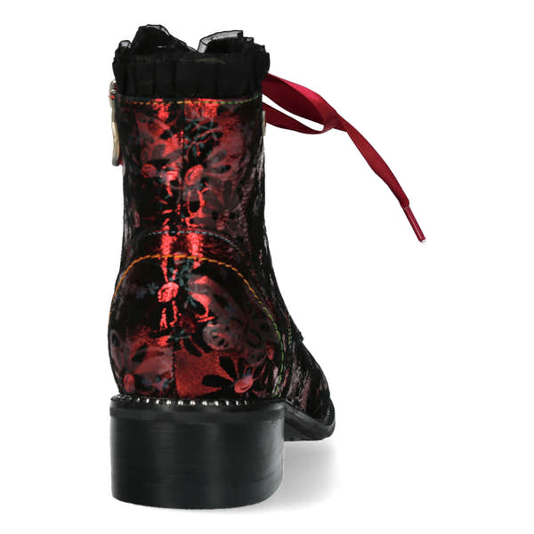 Laura Vita Emcmao 05 Ladies Raspberry Red Multi Leather Zip & Lace Heeled Ankle Boots, rear view.