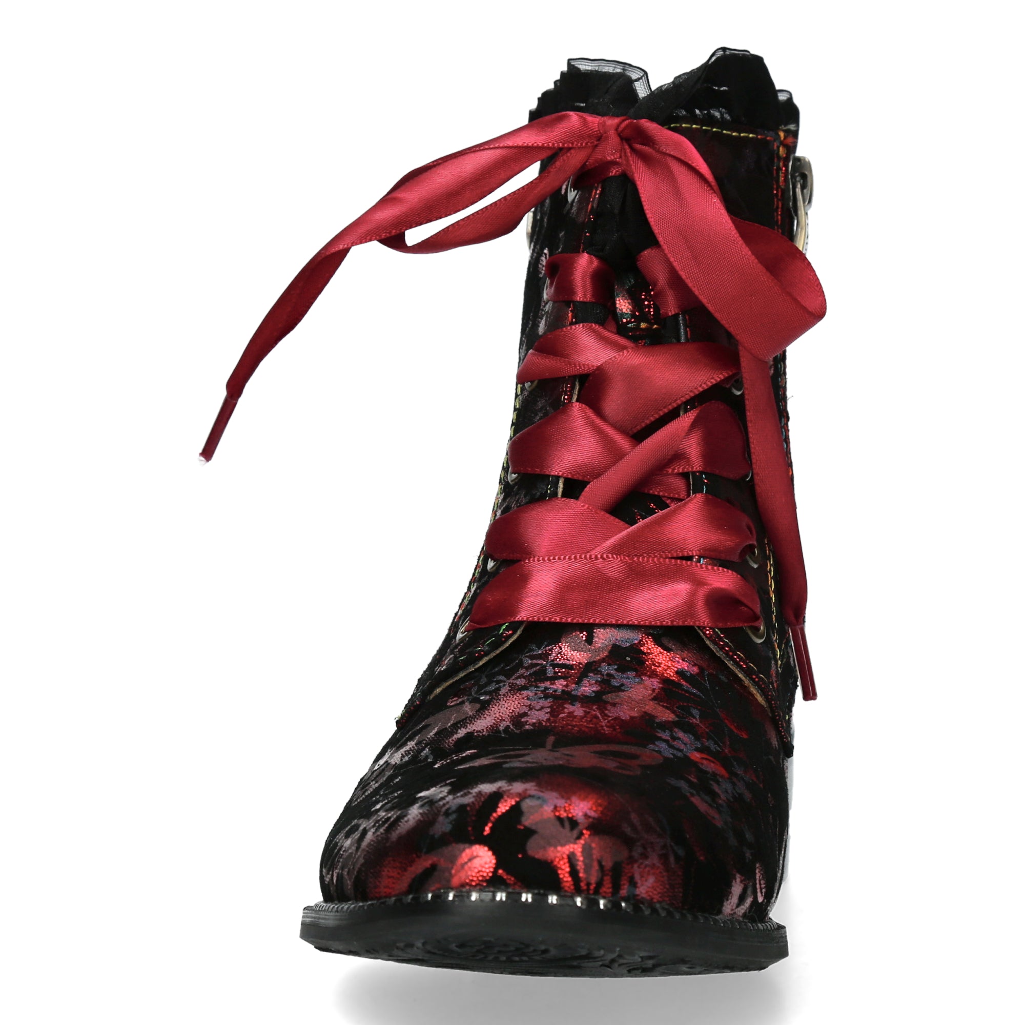 Laura Vita Emcmao 05 Ladies Raspberry Red Multi Leather Zip & Lace Heeled Ankle Boots, front view.