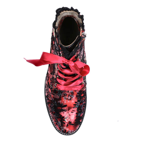 Laura Vita Emcmao 05 Ladies Raspberry Red Multi Leather Zip & Lace Heeled Ankle Boots, top view.