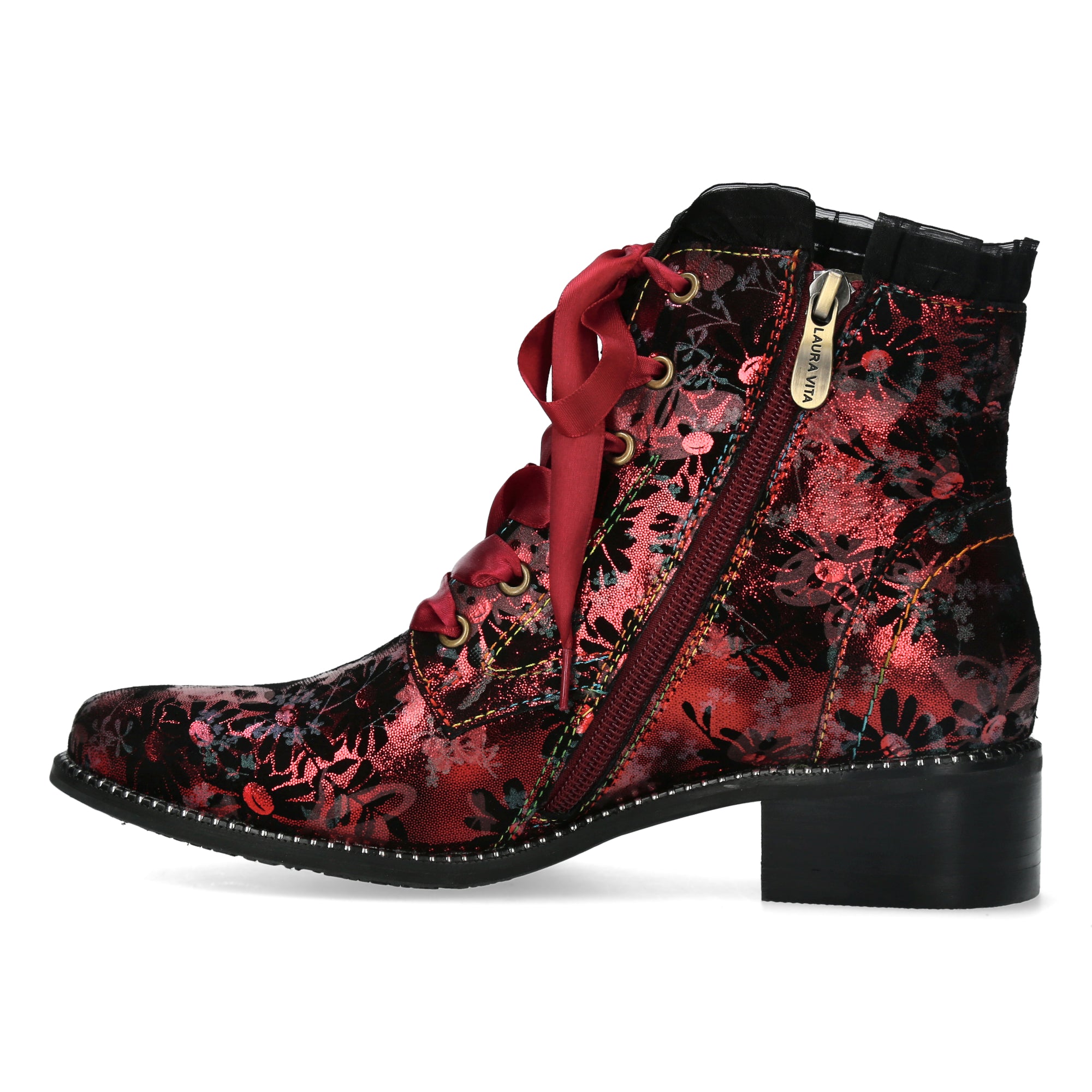 Laura Vita Emcmao 05 Ladies Raspberry Red Multi Leather Zip & Lace Heeled Ankle Boots, inner-side view.
