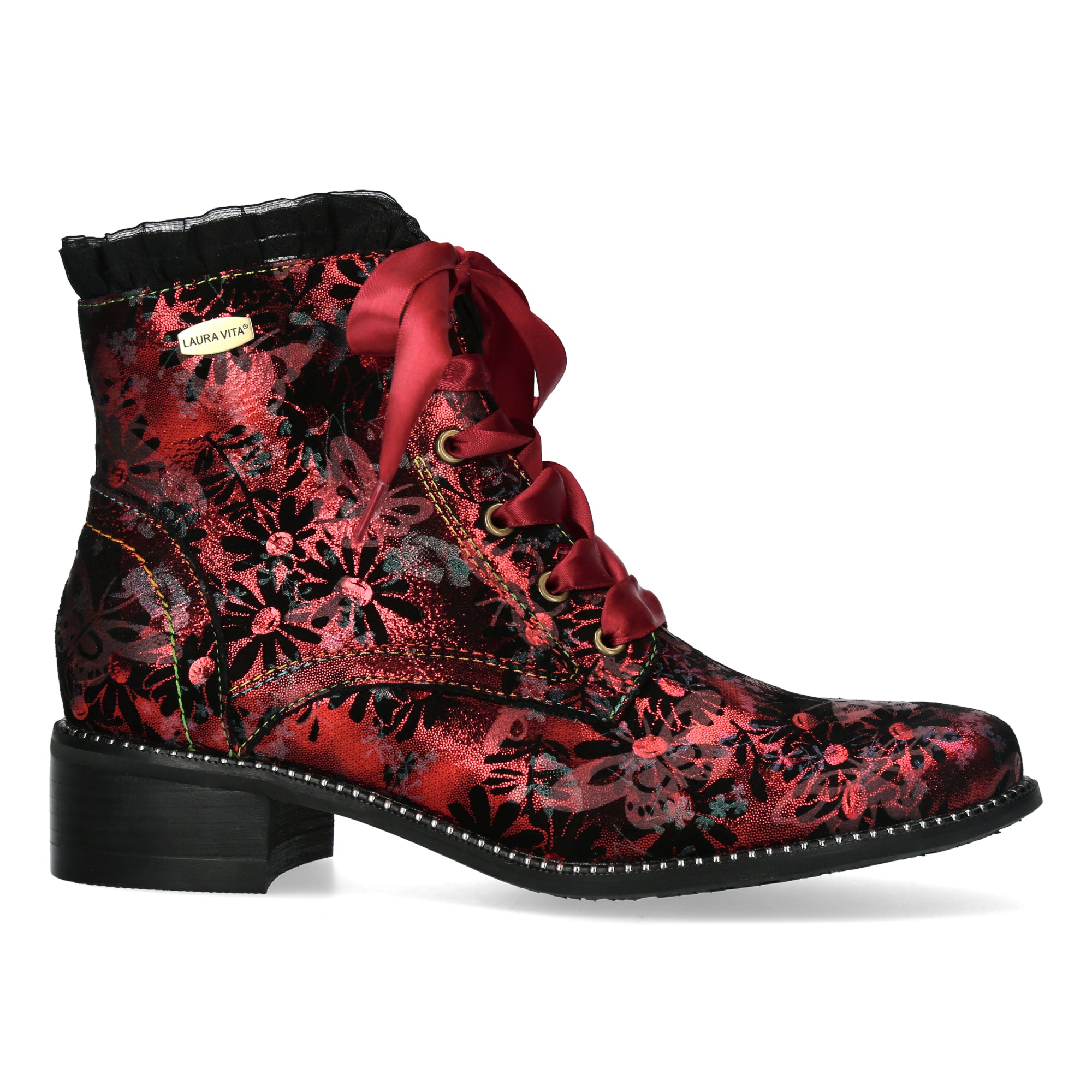 Laura Vita Emcmao 05 Ladies Raspberry Red Multi Leather Zip & Lace Heeled Ankle Boots, side profile view.