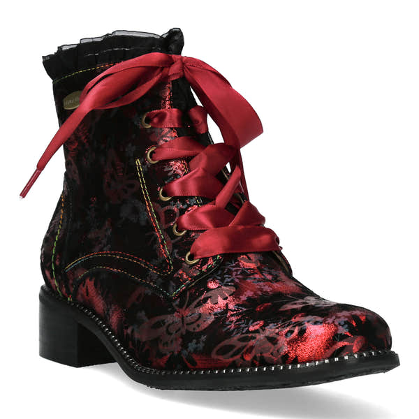 Laura Vita Emcmao 05 Ladies Raspberry Red Multi Leather Zip & Lace Heeled Ankle Boots, front three-quarter view.