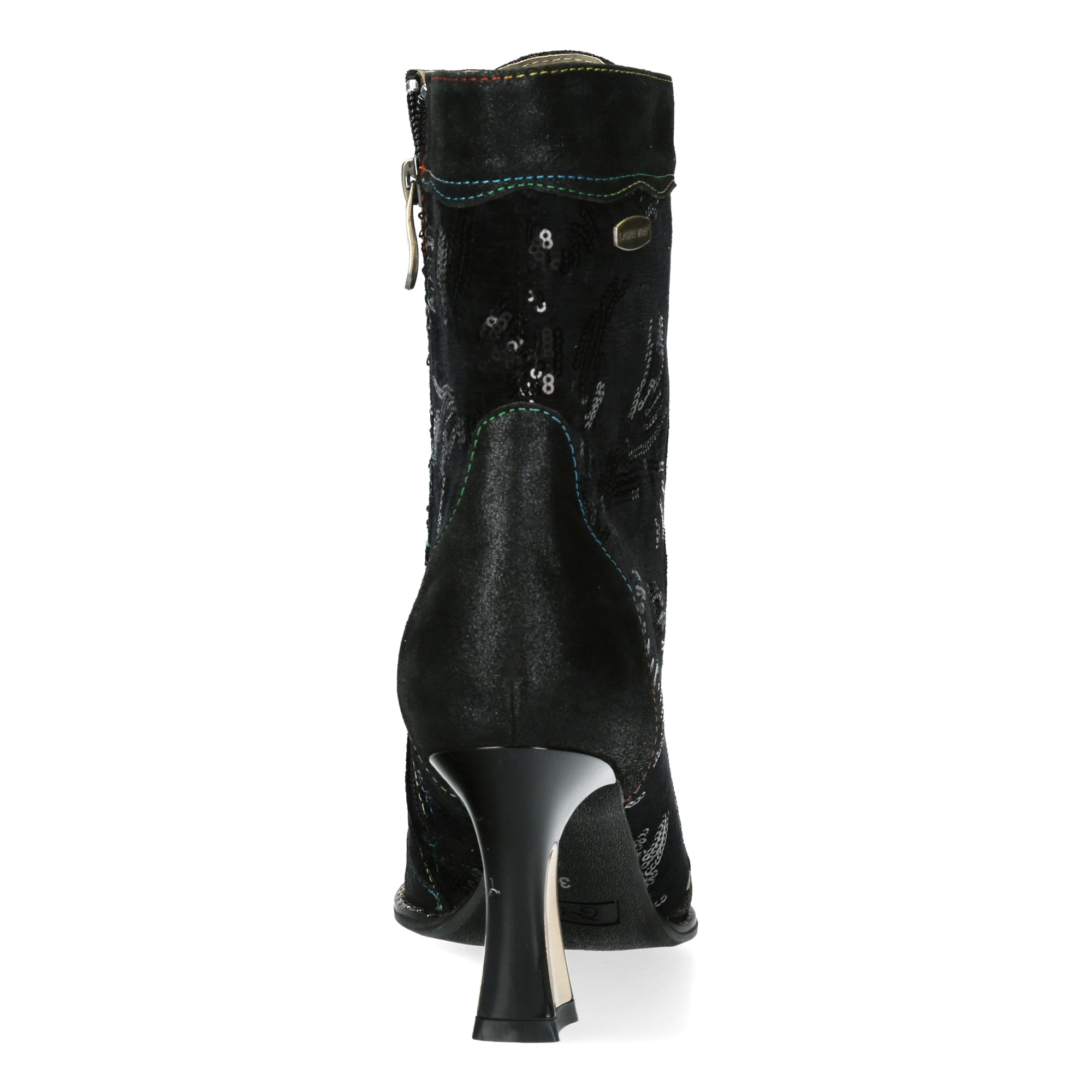 Laura Vita Oanelo 03 Ladies Black & Charcoal Multi Leather & Textile Zip & Lace Heeled Ankle Boots, rear view.