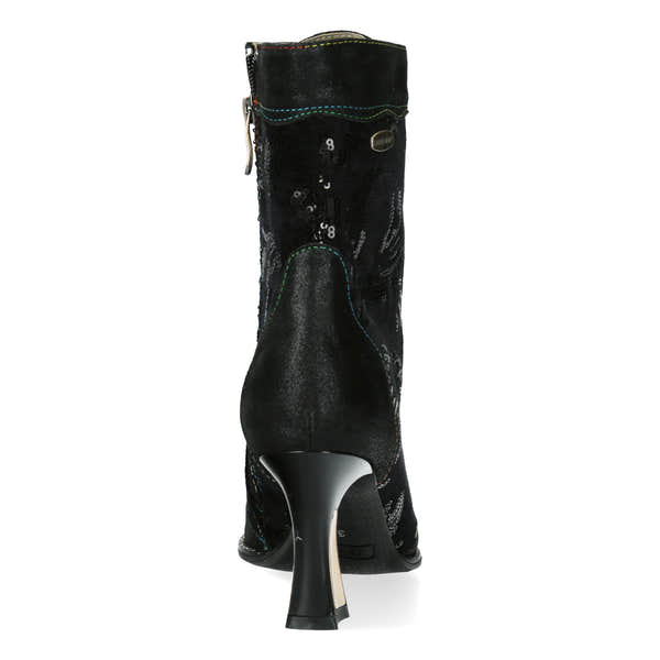 Laura Vita Oanelo 03 Ladies Black & Charcoal Multi Leather & Textile Zip & Lace Heeled Ankle Boots, rear view.