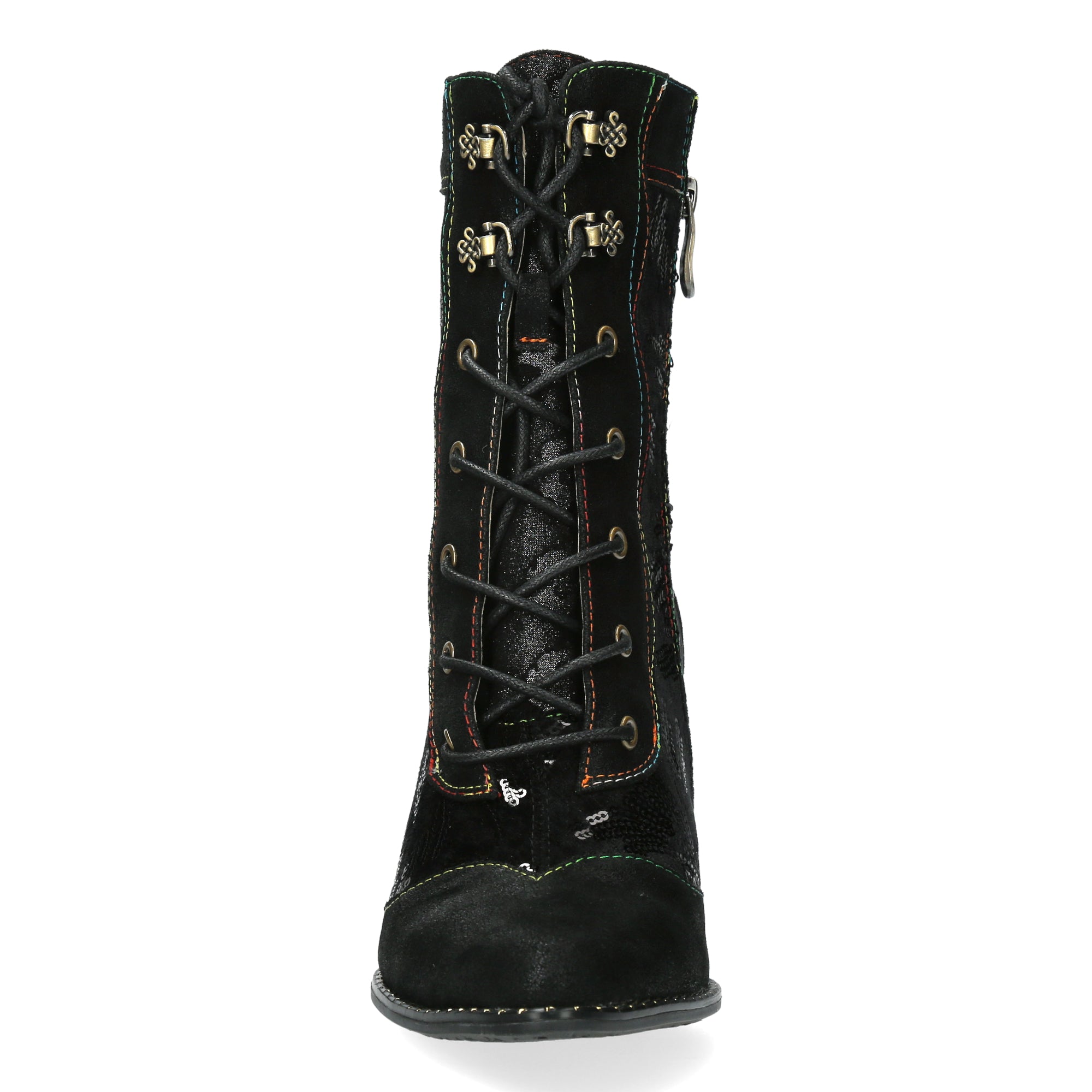 Laura Vita Oanelo 03 Ladies Black & Charcoal Multi Leather & Textile Zip & Lace Heeled Ankle Boots, front view.