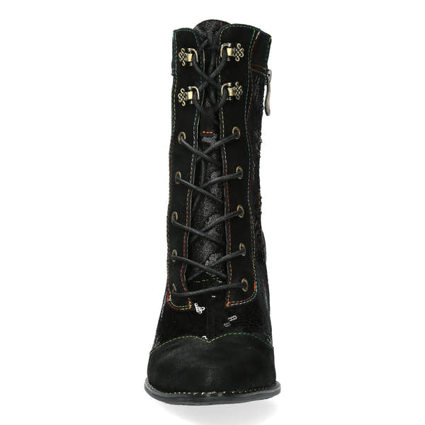Laura Vita Oanelo 03 Ladies Black & Charcoal Multi Leather & Textile Zip & Lace Heeled Ankle Boots, front view.
