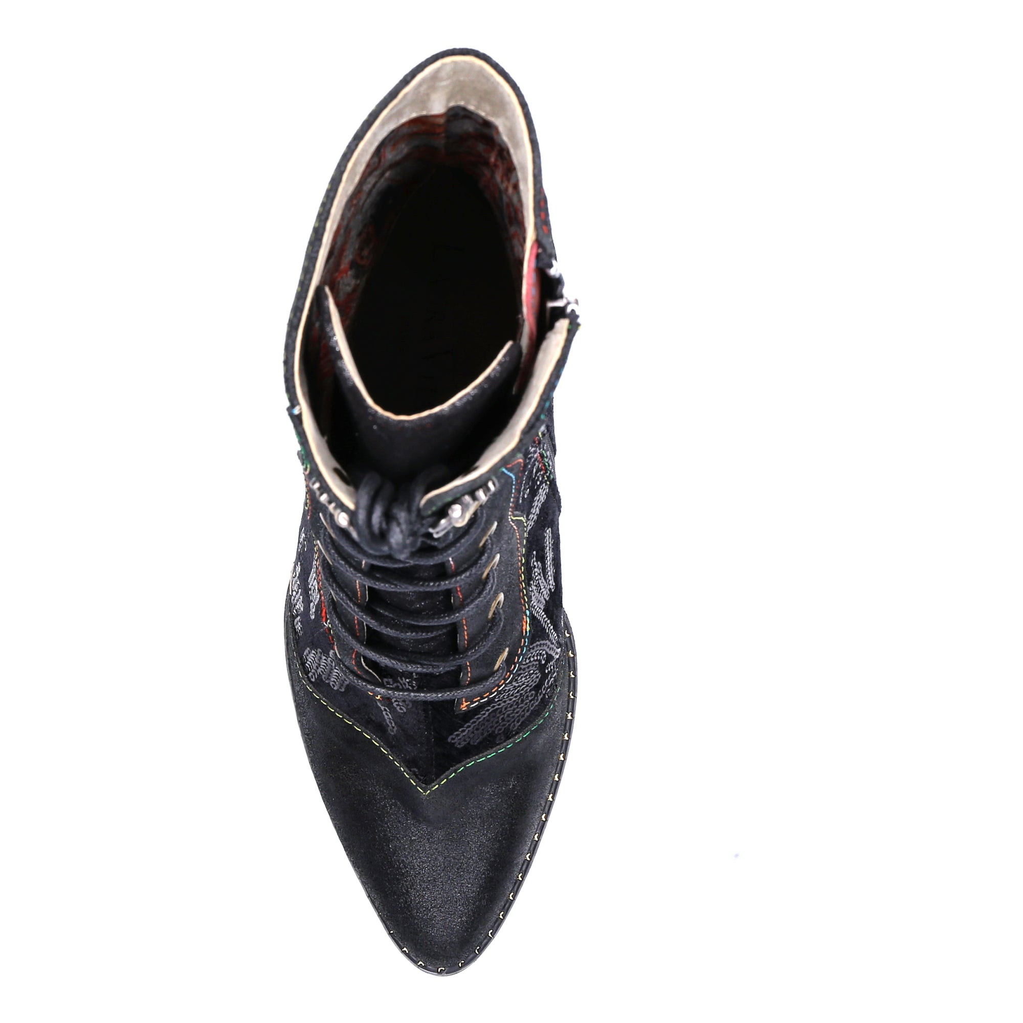 Laura Vita Oanelo 03 Ladies Black & Charcoal Multi Leather & Textile Zip & Lace Heeled Ankle Boots, top view.