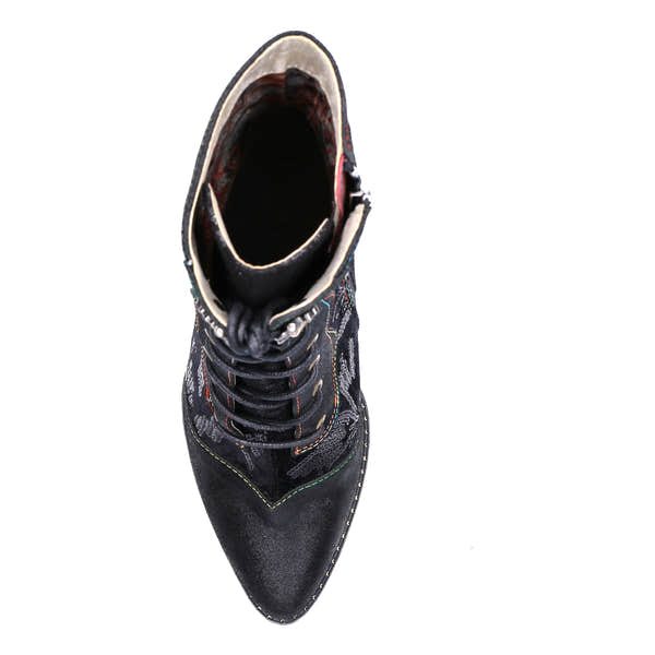 Laura Vita Oanelo 03 Ladies Black & Charcoal Multi Leather & Textile Zip & Lace Heeled Ankle Boots, top view.