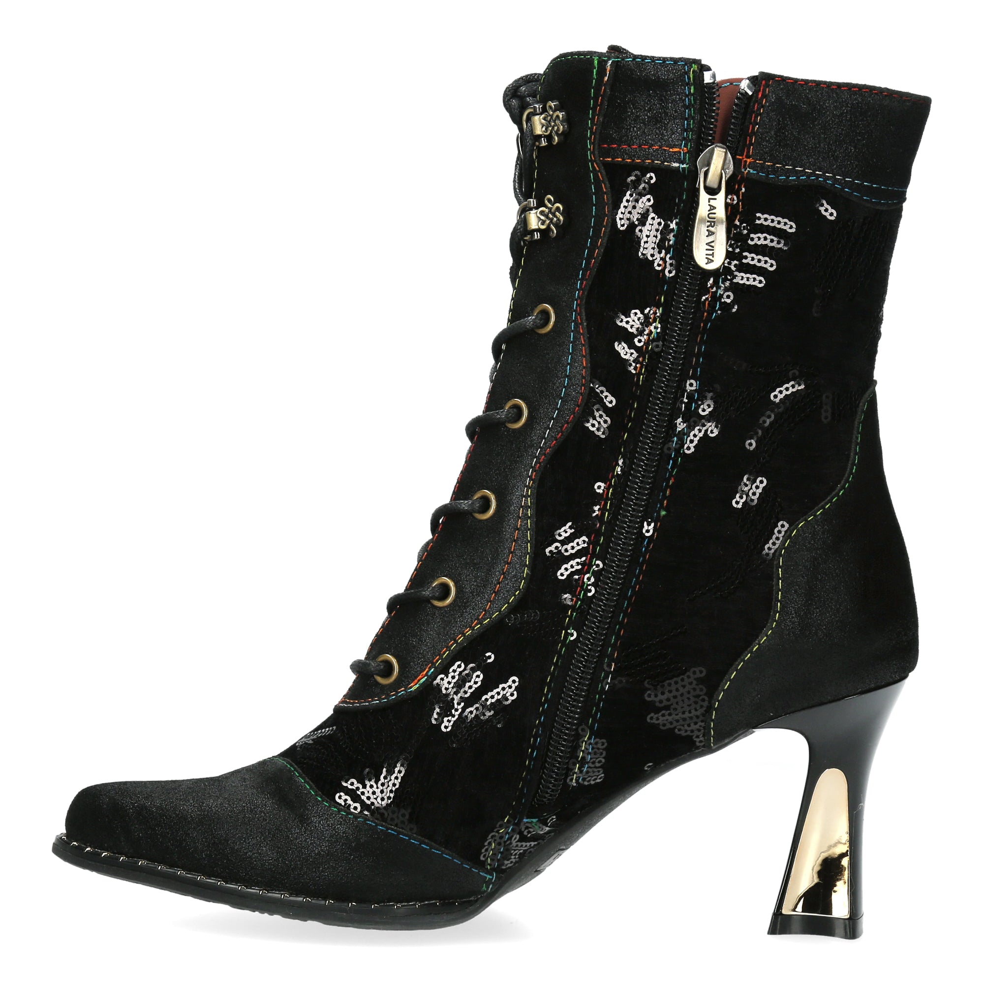 Laura Vita Oanelo 03 Ladies Black & Charcoal Multi Leather & Textile Zip & Lace Heeled Ankle Boots, inner-side view.