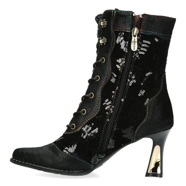 Laura Vita Oanelo 03 Ladies Black & Charcoal Multi Leather & Textile Zip & Lace Heeled Ankle Boots, inner-side view.