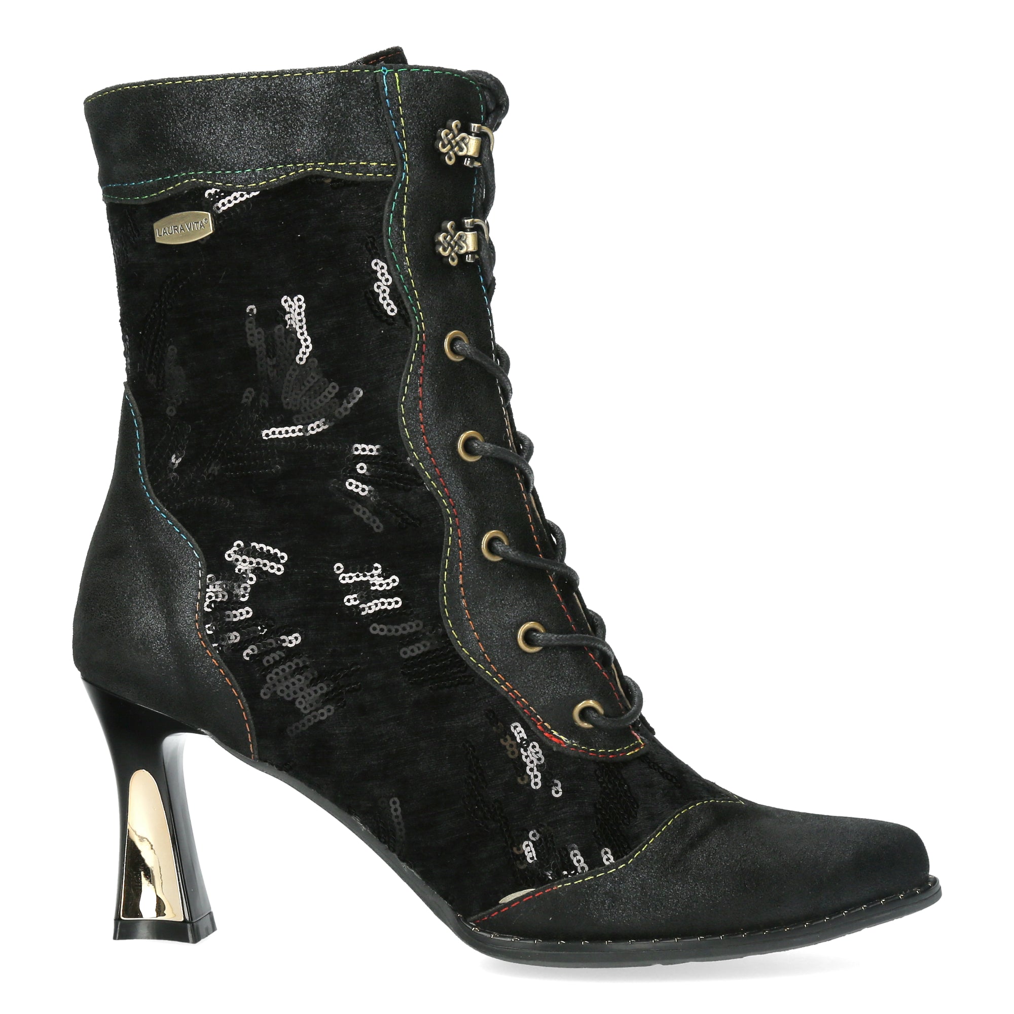 Laura Vita Oanelo 03 Ladies Black & Charcoal Multi Leather & Textile Zip & Lace Heeled Ankle Boots, side profile view.