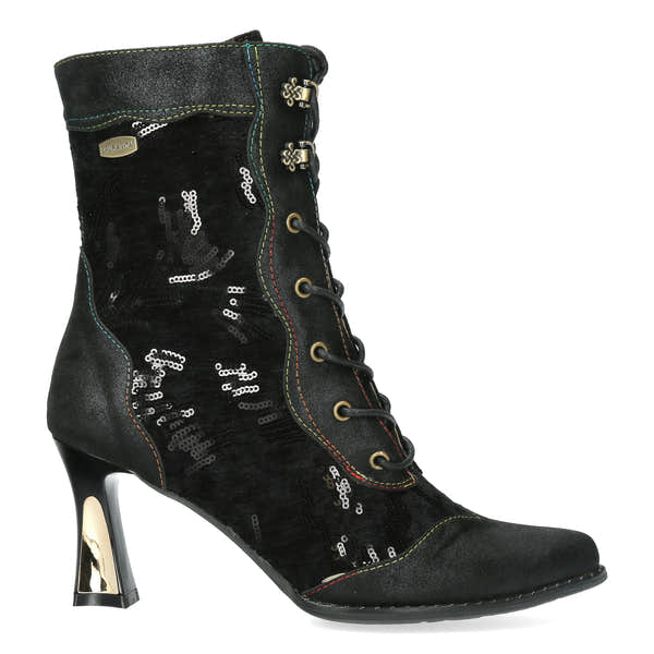 Laura Vita Oanelo 03 Ladies Black & Charcoal Multi Leather & Textile Zip & Lace Heeled Ankle Boots, side profile view.