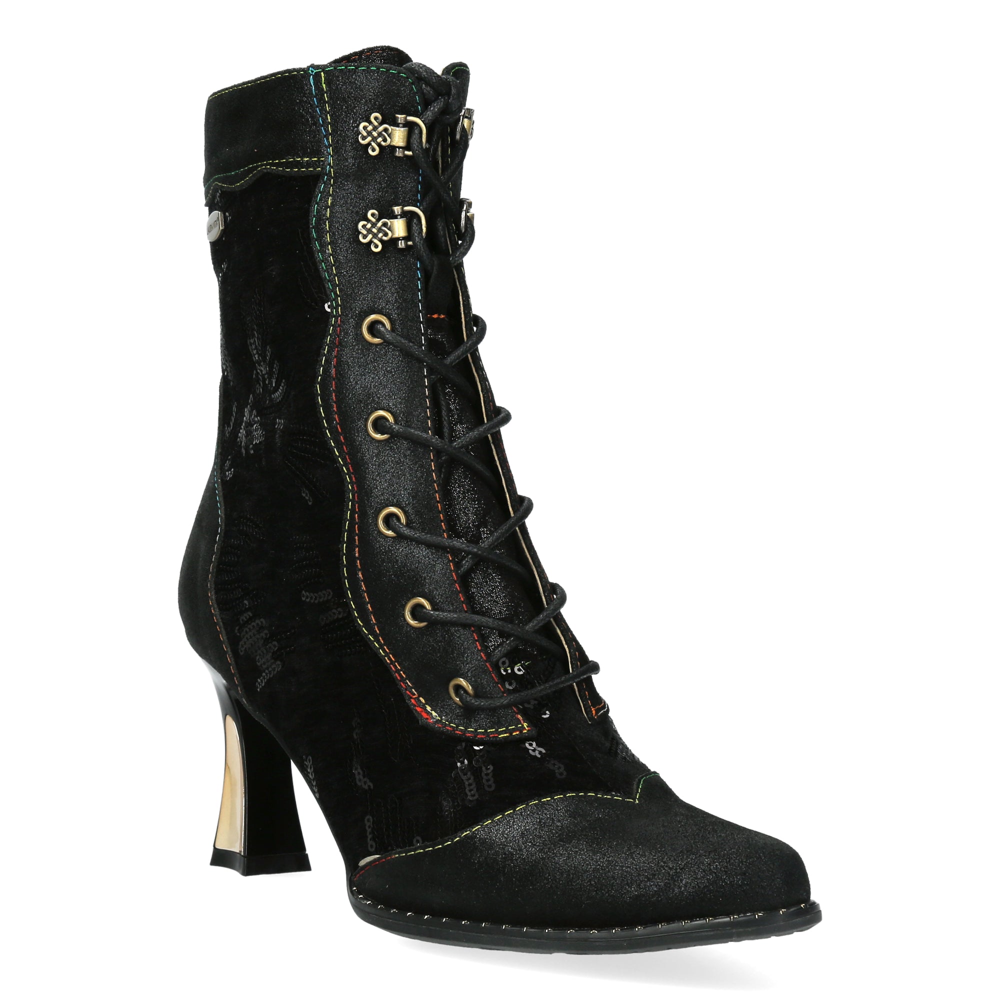 Laura Vita Oanelo 03 Ladies Black & Charcoal Multi Leather & Textile Zip & Lace Heeled Ankle Boots, front three-quarter view.