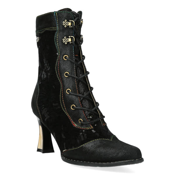 Laura Vita Oanelo 03 Ladies Black & Charcoal Multi Leather & Textile Zip & Lace Heeled Ankle Boots, front three-quarter view.