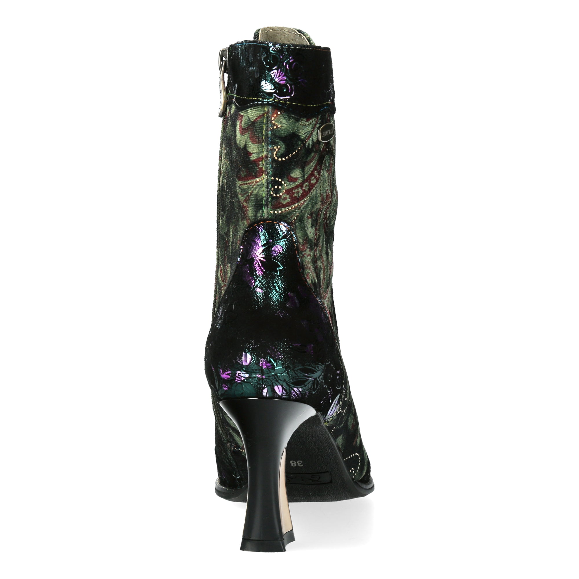 Laura Vita Oanelo 03 Ladies Khaki Green Multi Leather & Textile Zip & Lace Heeled Ankle Boots, rear view.