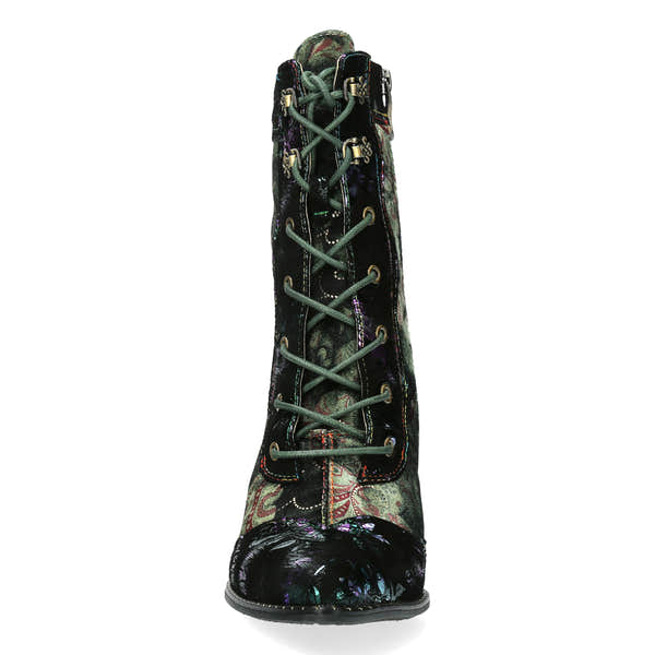 Laura Vita Oanelo 03 Ladies Khaki Green Multi Leather & Textile Zip & Lace Heeled Ankle Boots, front view.