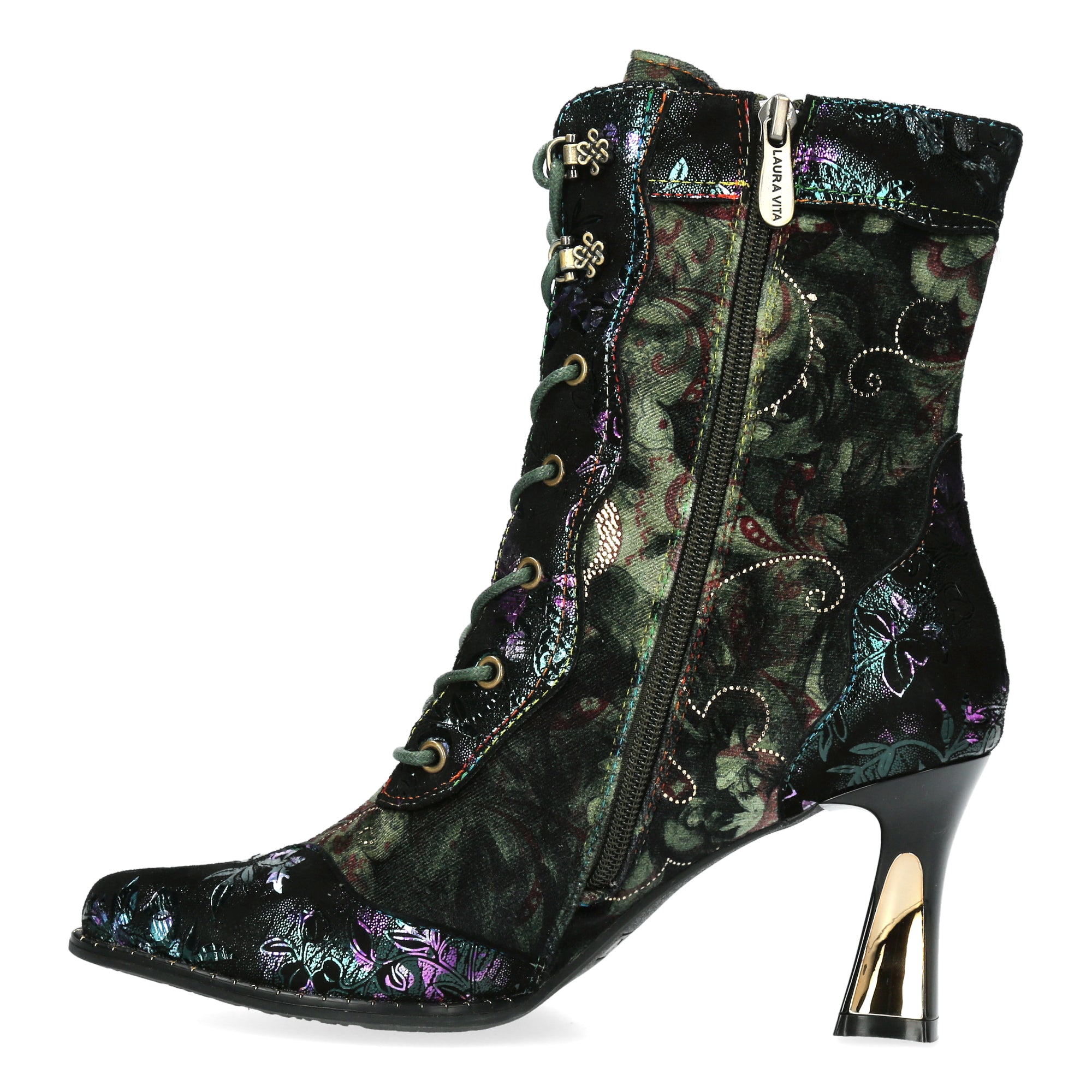 Laura Vita Oanelo 03 Ladies Khaki Green Multi Leather & Textile Zip & Lace Heeled Ankle Boots, inner-side view.