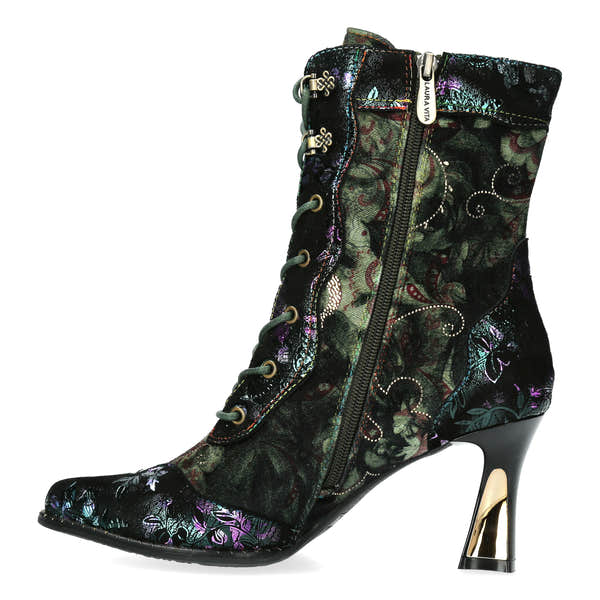Laura Vita Oanelo 03 Ladies Khaki Green Multi Leather & Textile Zip & Lace Heeled Ankle Boots, inner-side view.