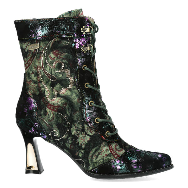 Laura Vita Oanelo 03 Ladies Khaki Green Multi Leather & Textile Zip & Lace Heeled Ankle Boots, side profile view.
