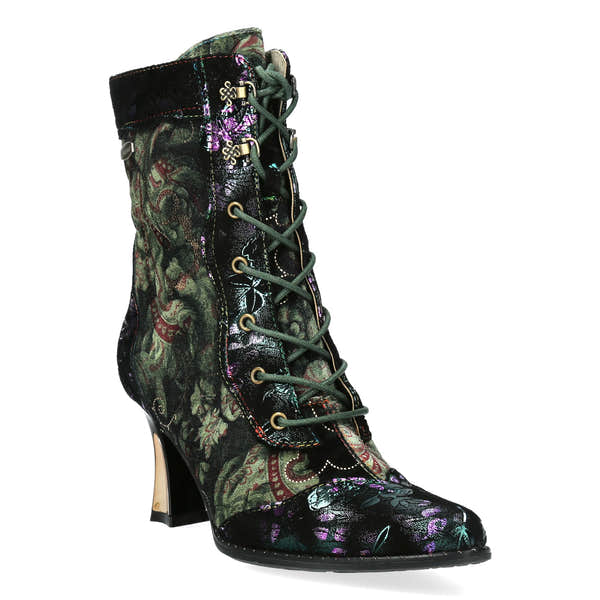 Laura Vita Oanelo 03 Ladies Khaki Green Multi Leather & Textile Zip & Lace Heeled Ankle Boots, front three-quarter view.