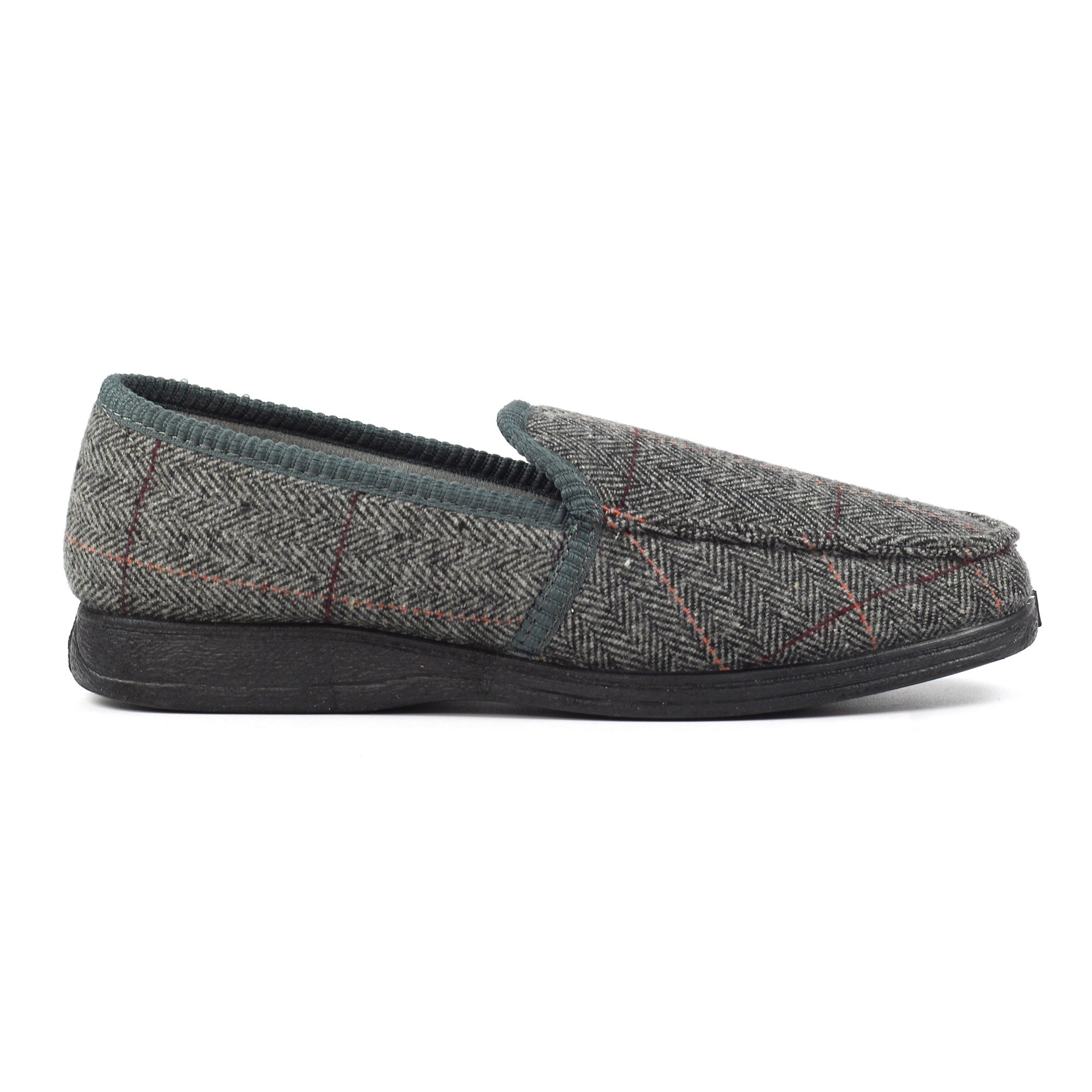 Lazy Dogs KMD103 Eisenhower II Mens Grey Textile Memory Foam Slippers, front three-quarter view.