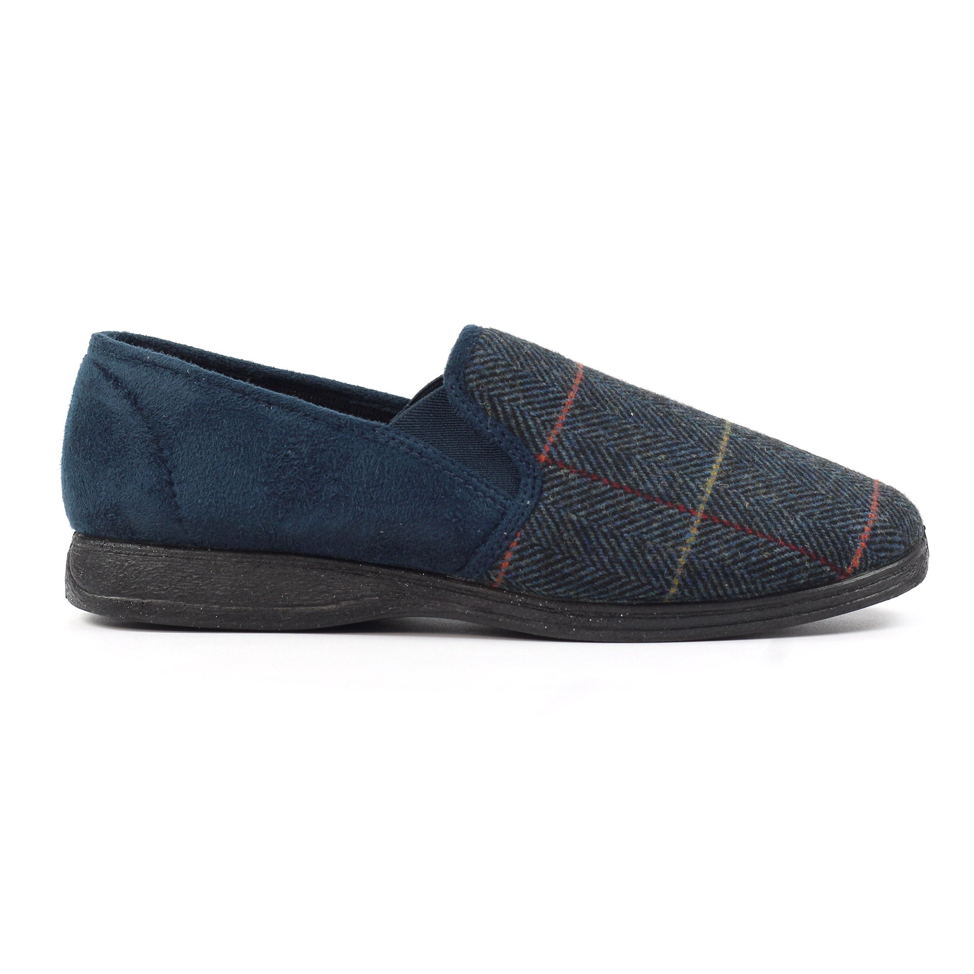 Lazy Dogs KMD106 Harrison II Mens Navy Blue Textile Memory Foam Slippers, front three-quarter view.