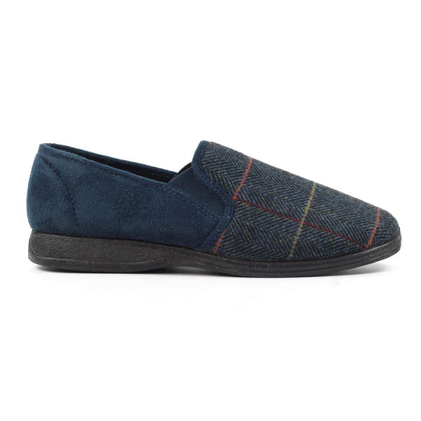 Lazy Dogs KMD106 Harrison II Mens Navy Blue Textile Memory Foam Slippers, front three-quarter view.