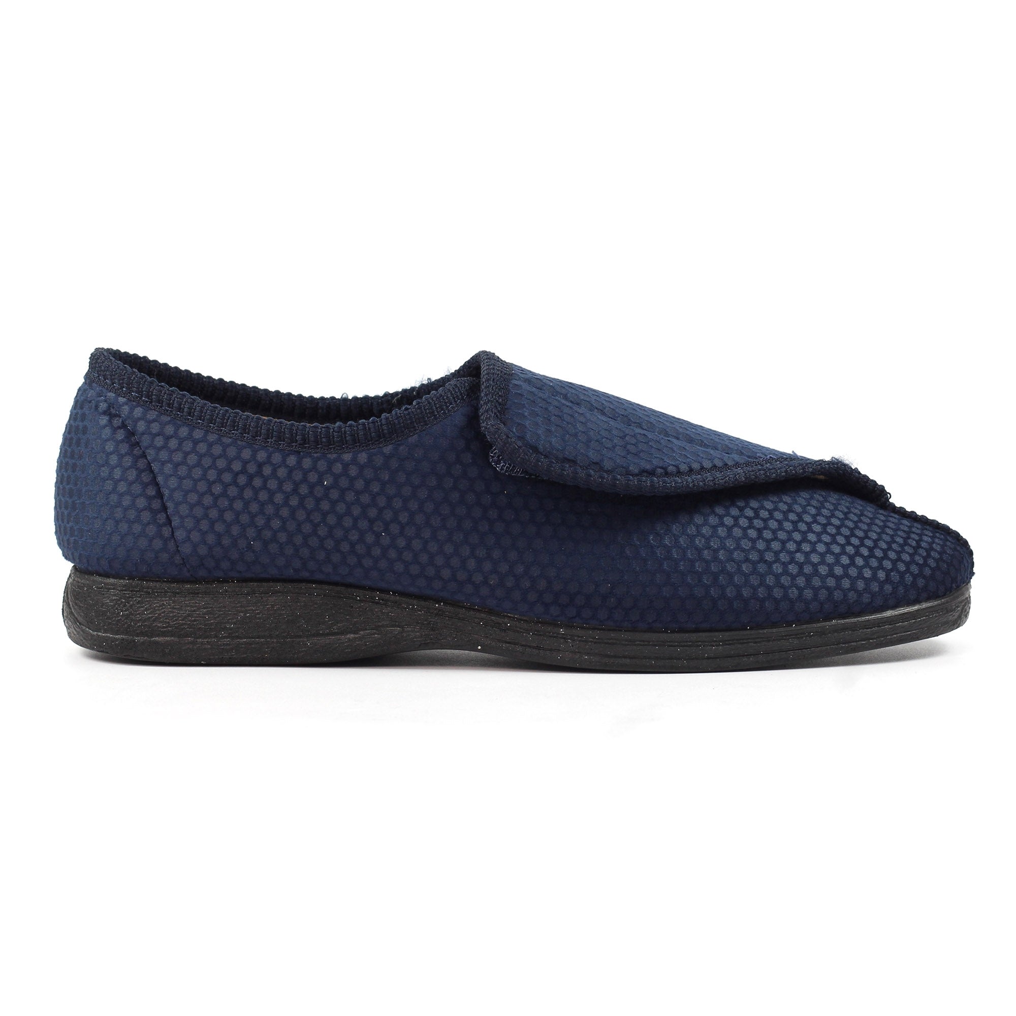 Lazy Dogs KMD108 Columbus III Mens Navy Blue Textile Touch Fastening Slippers, front three-quarter view.