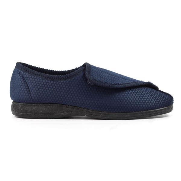 Lazy Dogs KMD108 Columbus III Mens Navy Blue Textile Touch Fastening Slippers, front three-quarter view.