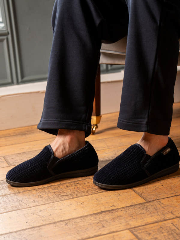 Lazy Dogs KMD121 Ryan Mens Navy Blue Textile Elasticated Mule Slippers, alternate product view 3.