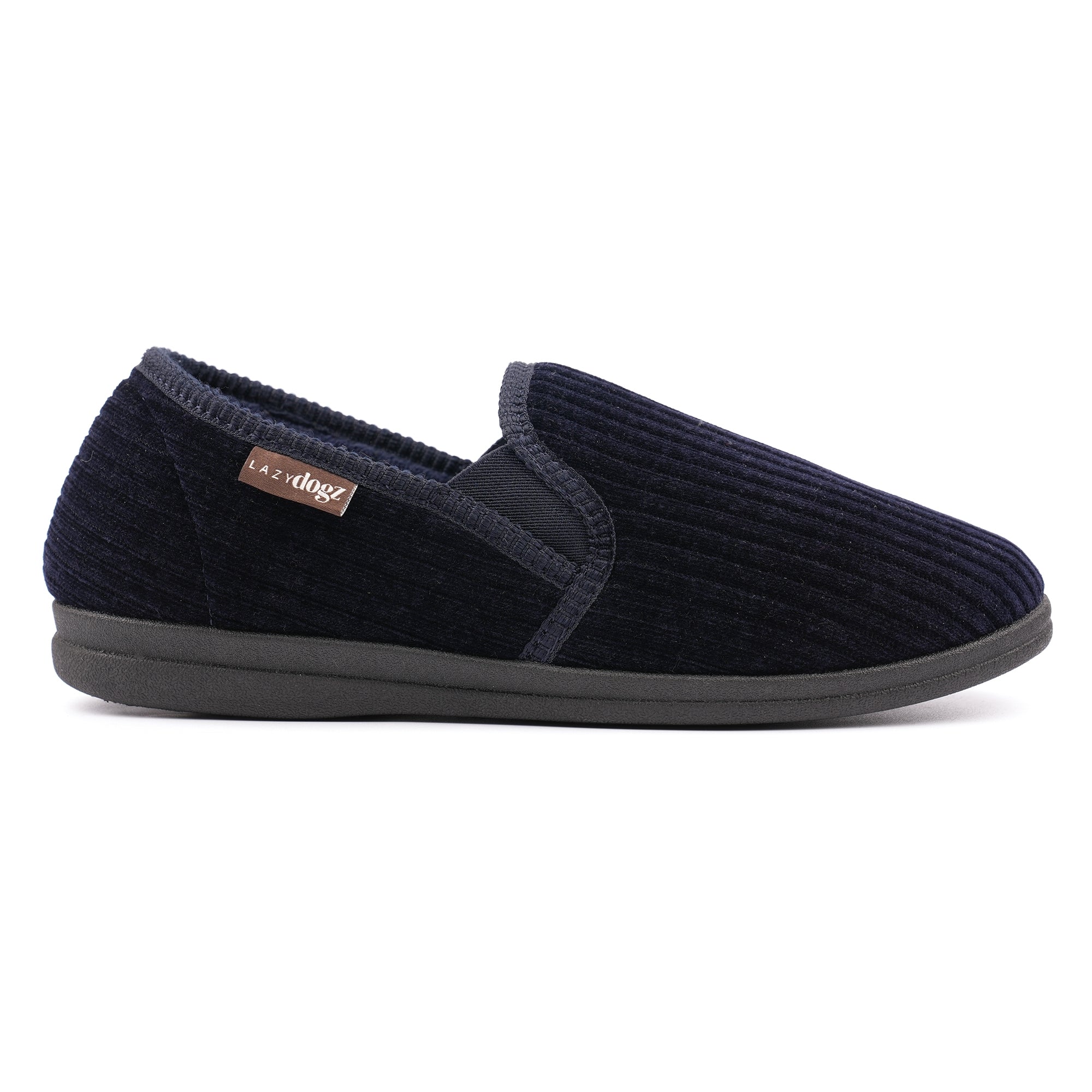 Lazy Dogs KMD121 Ryan Mens Navy Blue Textile Elasticated Mule Slippers, front three-quarter view.