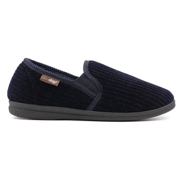 Lazy Dogs KMD121 Ryan Mens Navy Blue Textile Elasticated Mule Slippers, front three-quarter view.