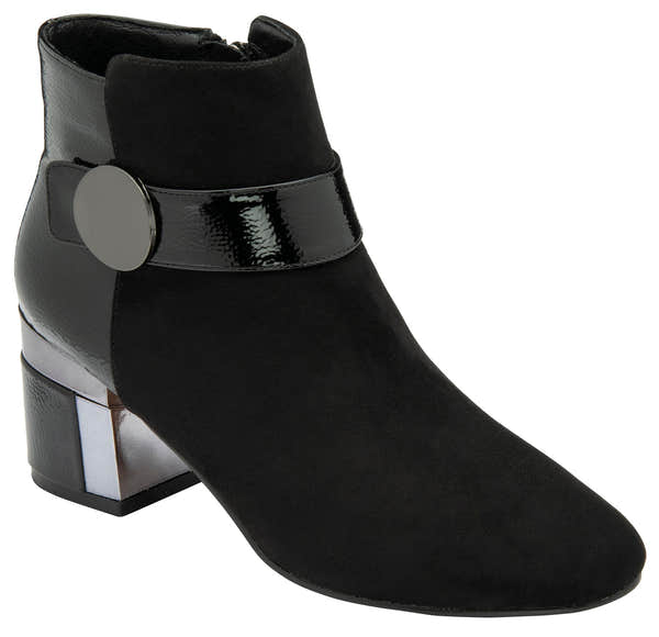 Lotus ULB419 Kirsty women's black combi buckle side zip heeled ankle boots, front three-quarter view.
