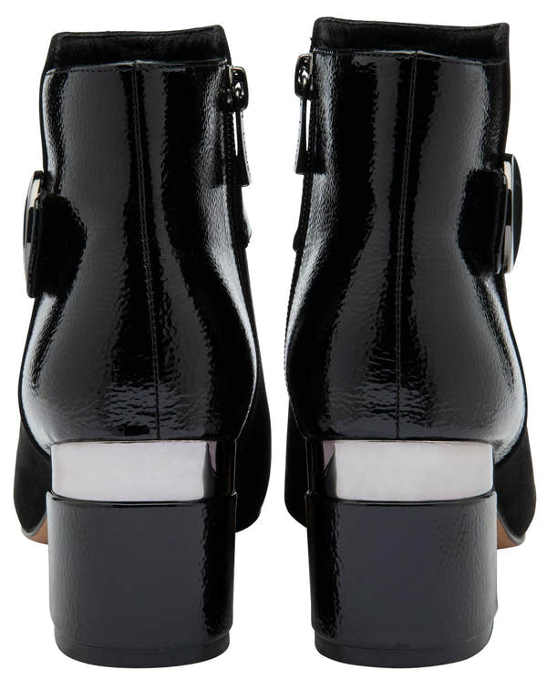 Lotus ULB419 Kirsty women's black combi buckle side zip heeled ankle boots, heel view.