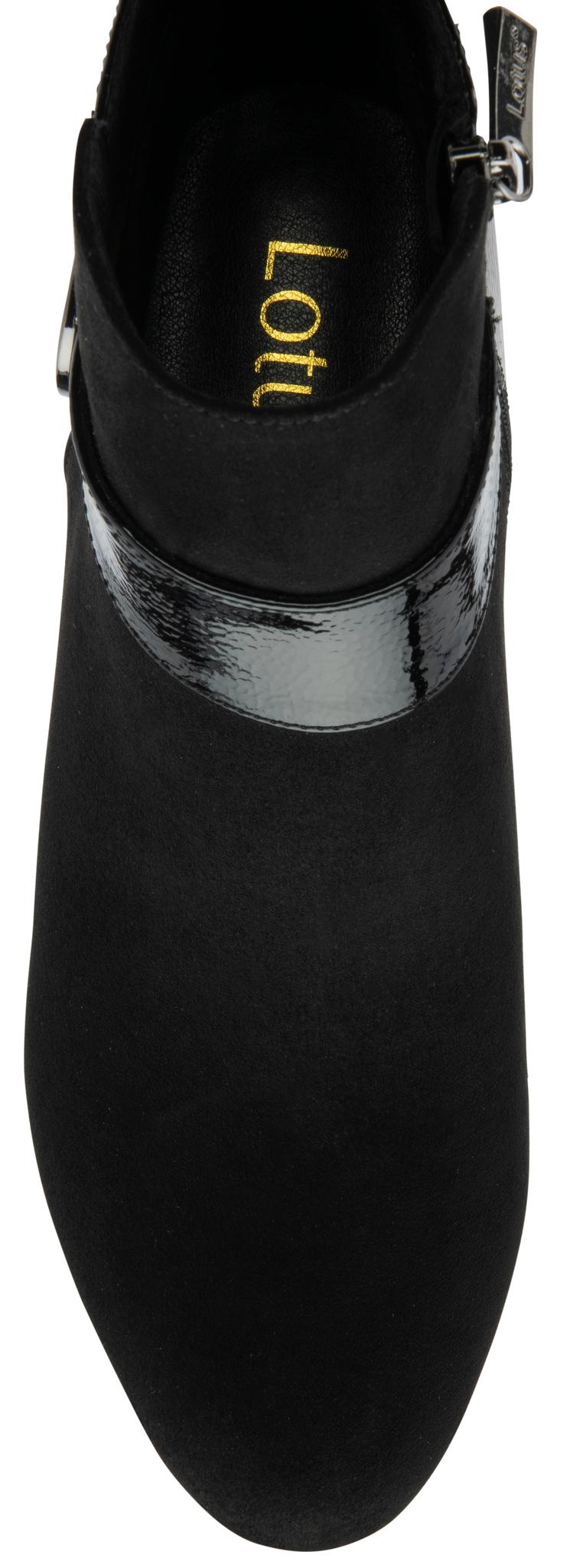 Lotus ULB419 Kirsty women's black combi buckle side zip heeled ankle boots, toe detail.