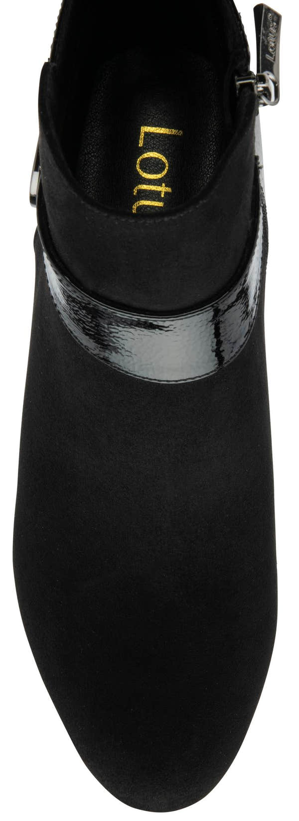 Lotus ULB419 Kirsty women's black combi buckle side zip heeled ankle boots, toe detail.