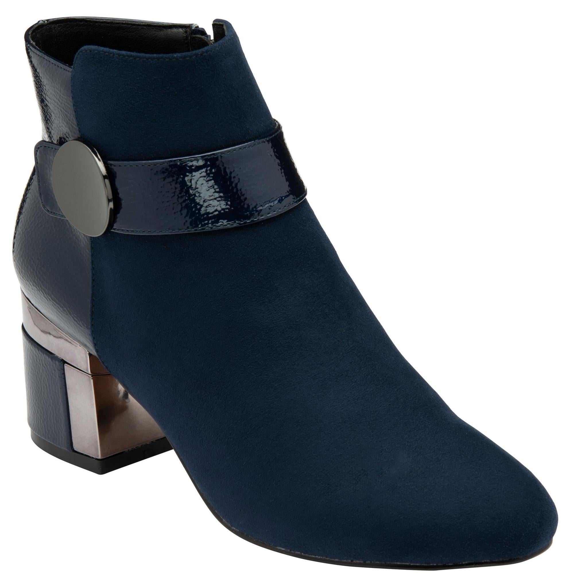 Lotus ULB419 Kirsty women's navy blue combi buckle side zip heeled ankle boots, front three-quarter view.