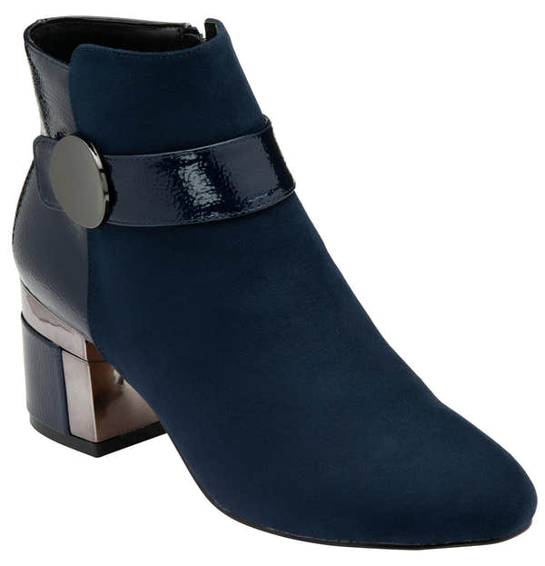 Lotus ULB419 Kirsty women's navy blue combi buckle side zip heeled ankle boots, front three-quarter view.