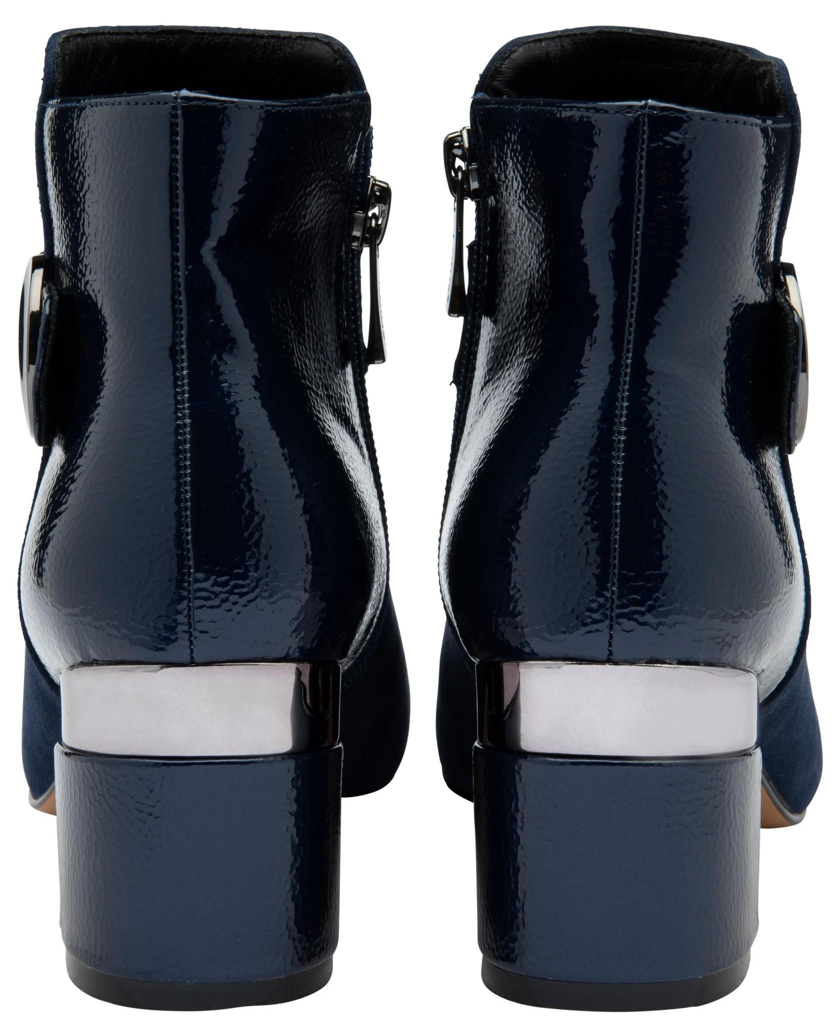 Lotus ULB419 Kirsty women's navy blue combi buckle side zip heeled ankle boots, heel view.