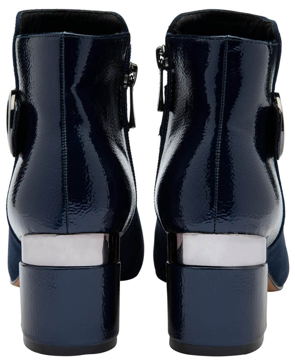 Lotus ULB419 Kirsty women's navy blue combi buckle side zip heeled ankle boots, heel view.