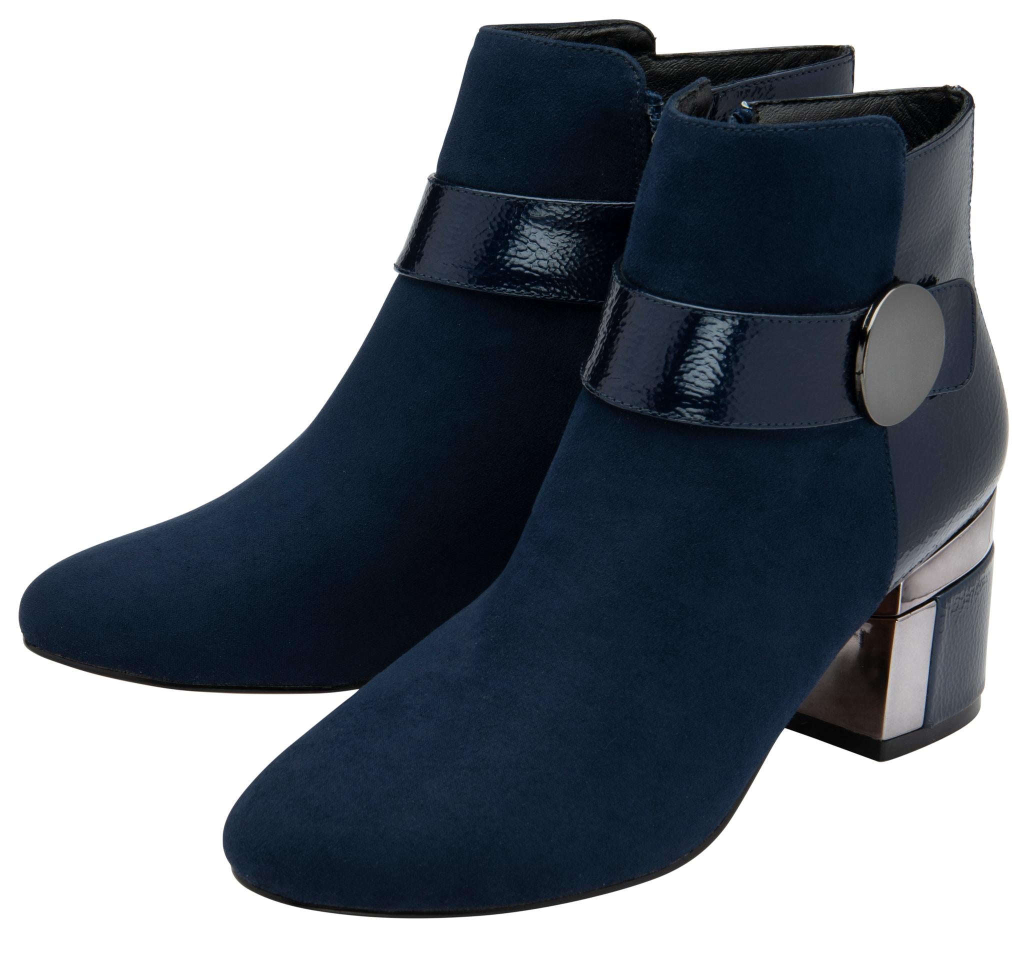 Lotus ULB419 Kirsty women's navy blue combi buckle side zip heeled ankle boots, pair view.