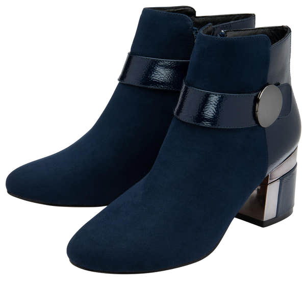 Lotus ULB419 Kirsty women's navy blue combi buckle side zip heeled ankle boots, pair view.
