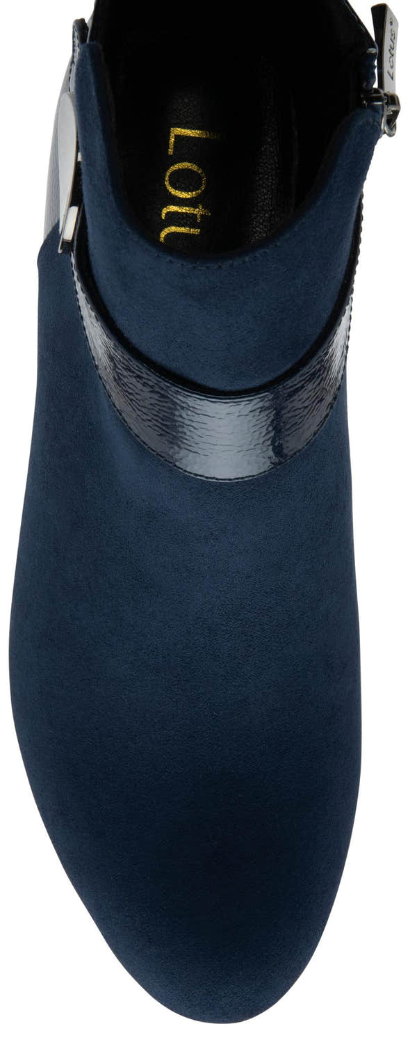 Lotus ULB419 Kirsty women's navy blue combi buckle side zip heeled ankle boots, toe detail.